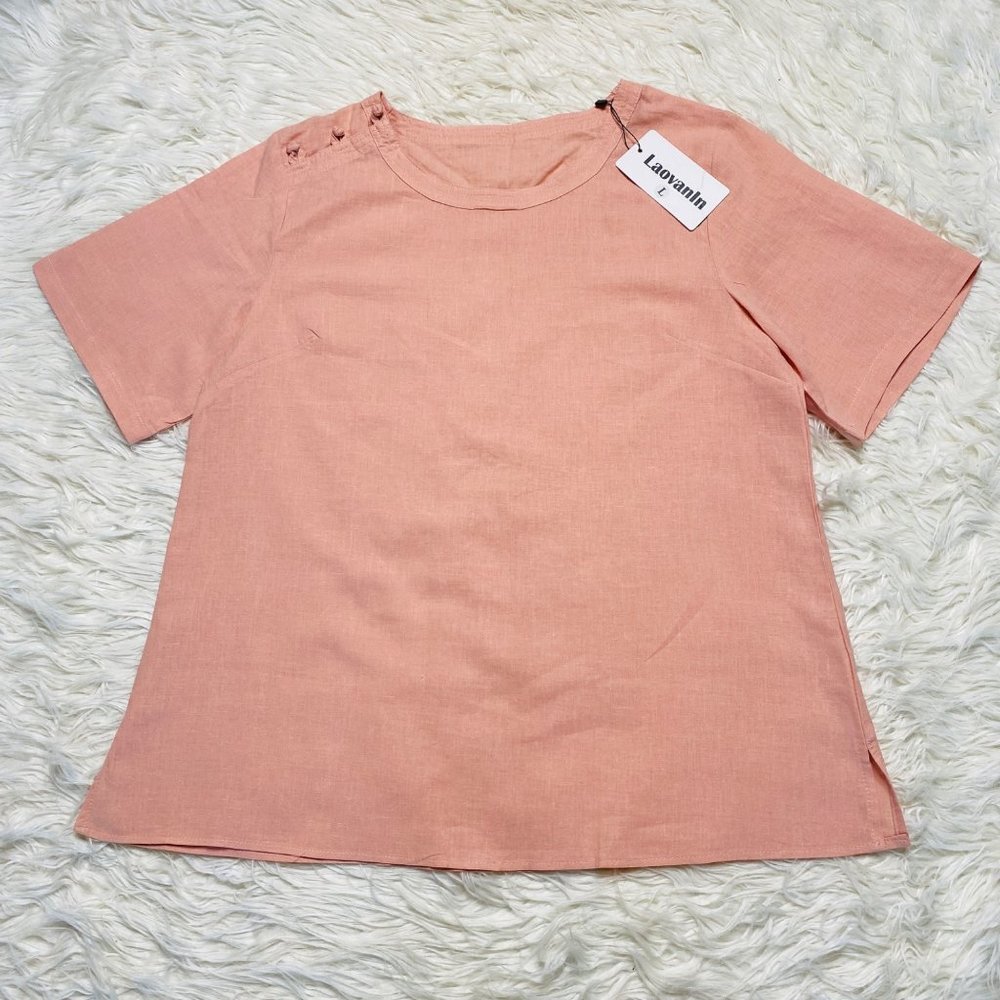 LaovanIn‎ Womens Lagenlook Linen Knot Buttons Short Sleeve Pink PeaceShirt Large